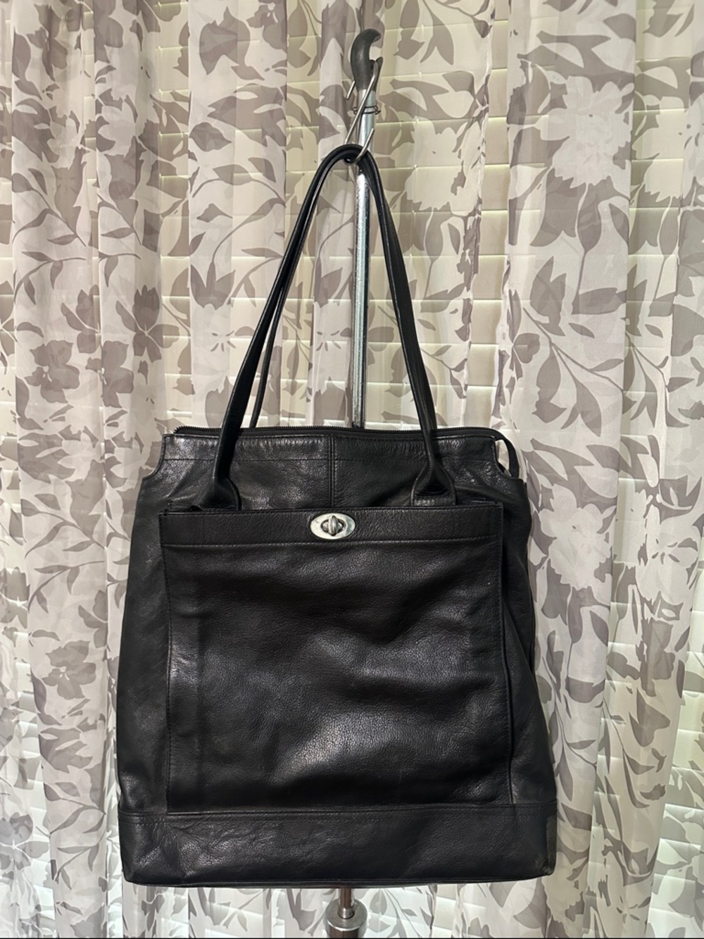 Banana Republic Black Leather Tote Bag with Turn-Lock Closure